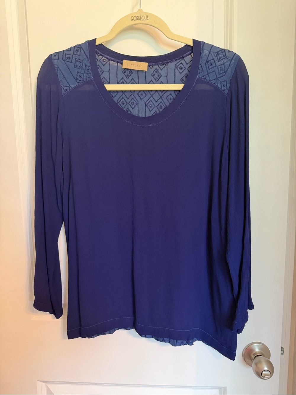 Language Royal Blue Long-Sleeve Scoop Neck Top with eyelet back